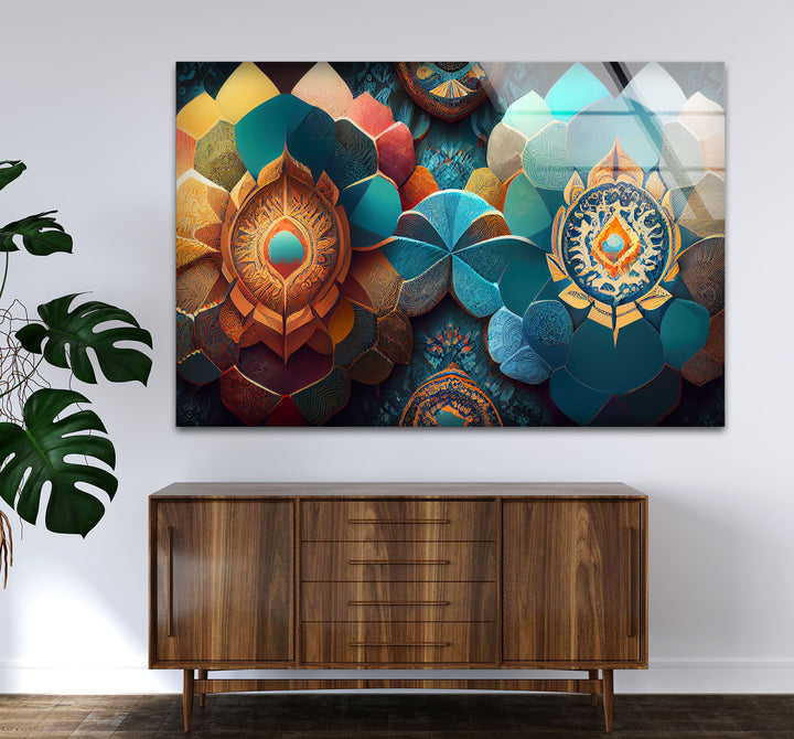Luxuriöse Mandala-Wandkunst aus Glas – Abstraktes geometrisches Blumendesign