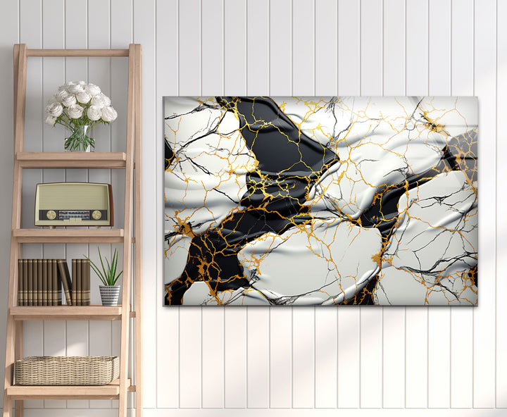 Luxury Marble Abstract Wall Art – Black, White & Gold Glass Panel Print