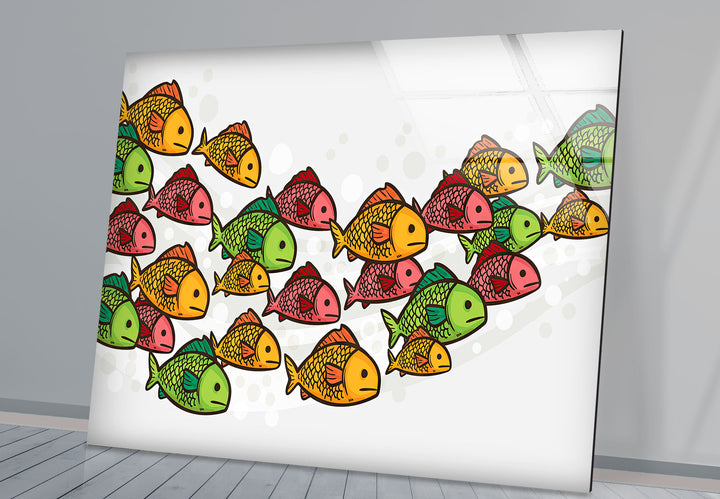 Colorful Fish Pattern Wall Art – Playful Glass Print for Kids’ Rooms, Bathrooms, and Coastal Interiors