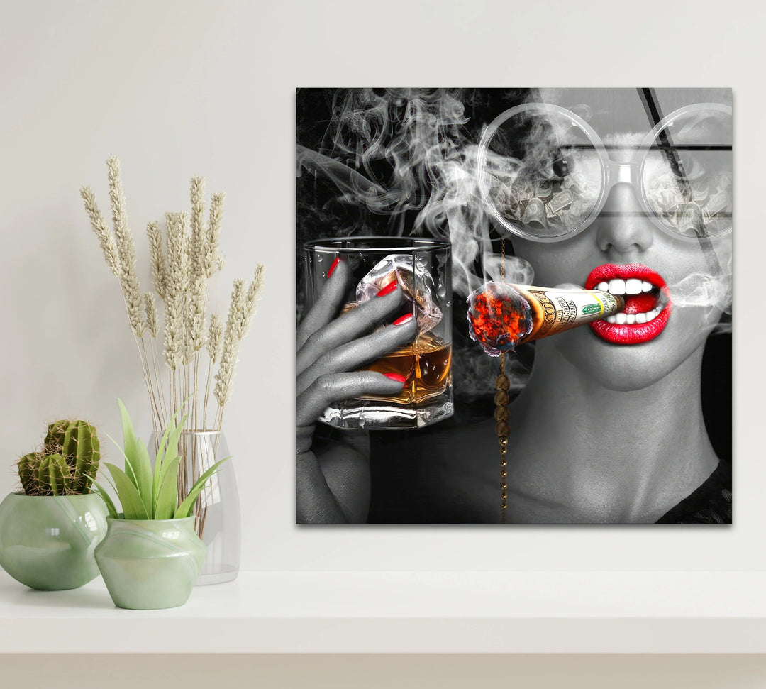 Luxury Diva Wall Art with Whiskey and Dollar Cigar – Bold Glam Glass Print - MyPhotoStation