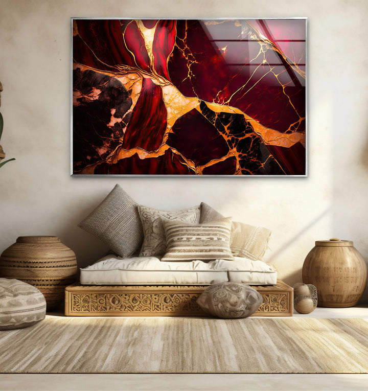 Red and Gold Marble Wall Art – Luxurious Crimson Glass Print with Cracked Vein Pattern for Bold Modern Interiors - MyPhotoStation