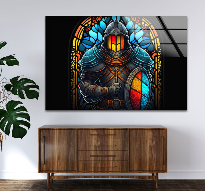 Stained Glass Knight Wall Art – Medieval Warrior Fantasy Decor