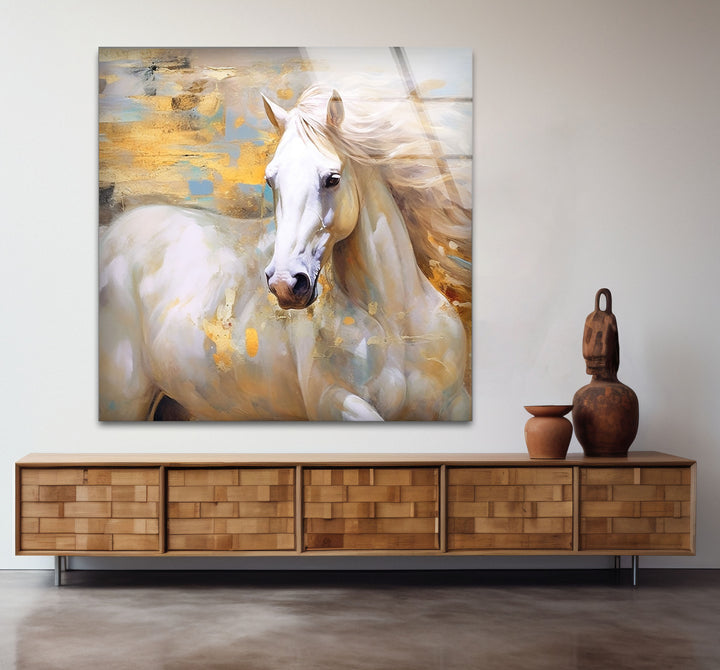 Majestic White Horse Wall Art – Abstract Glass Print for Modern Interiors
