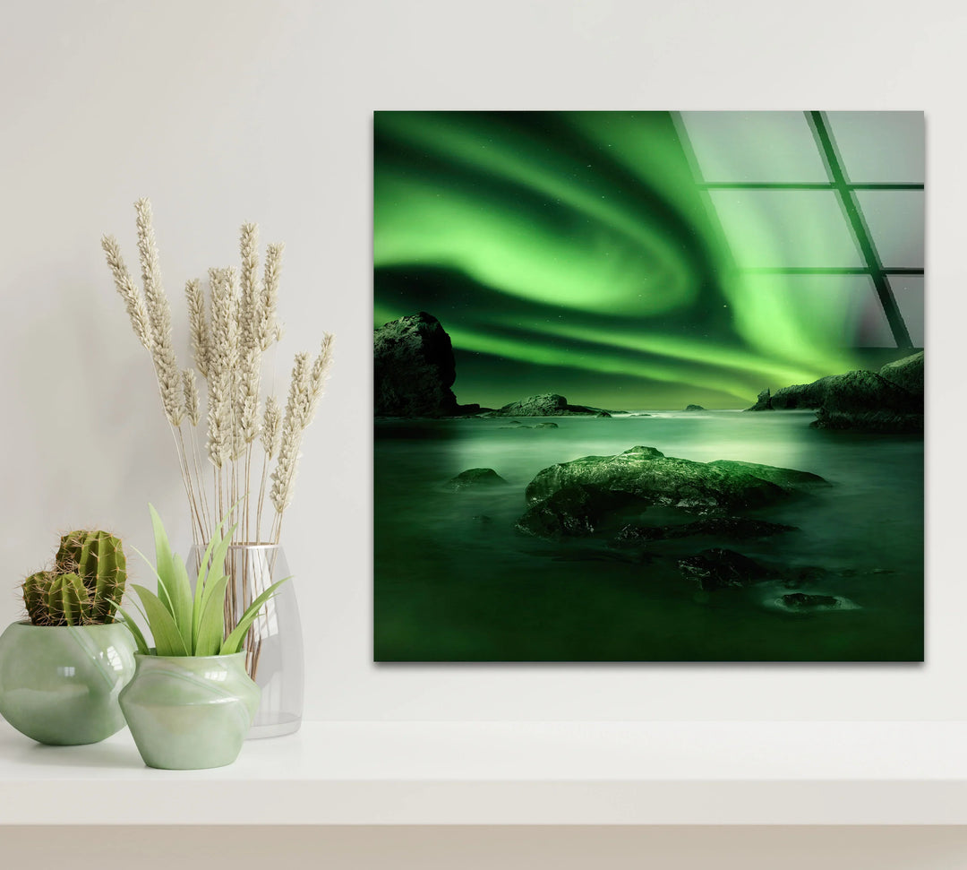 Northern Lights Aurora Borealis Wall Art – Green Sky Glass Print for Modern Interiors - MyPhotoStation