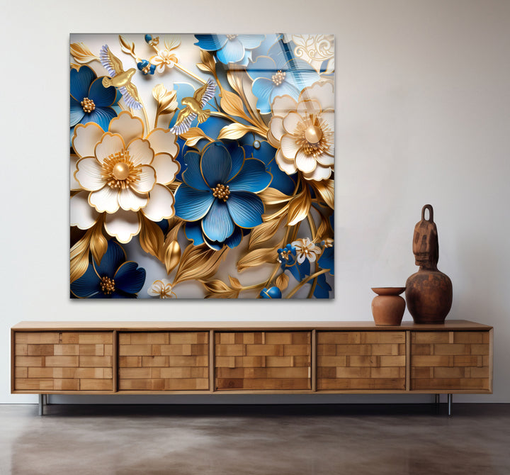 Elegante blau-goldene florale Wandkunst – 3D-Glasplatte für moderne Innenräume