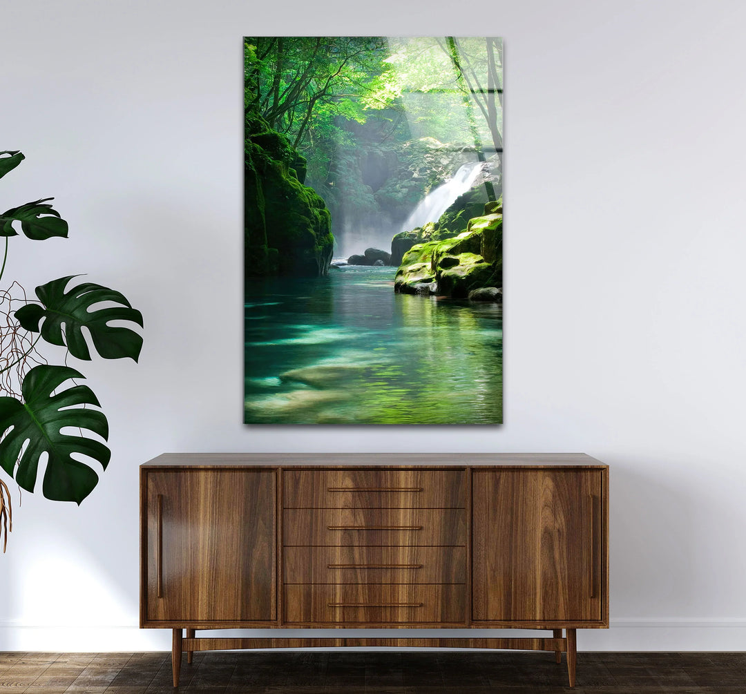 Tranquil Forest Waterfall Wall Art – Serene Nature Glass Print for Zen-Inspired Decor - MyPhotoStation