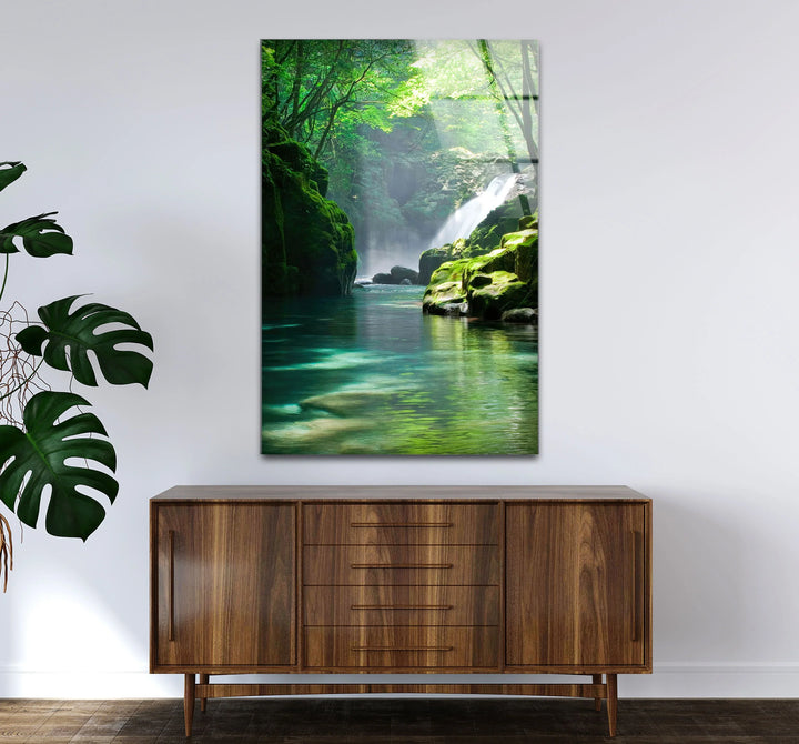 Tranquil Forest Waterfall Wall Art – Serene Nature Glass Print for Zen-Inspired Decor - MyPhotoStation