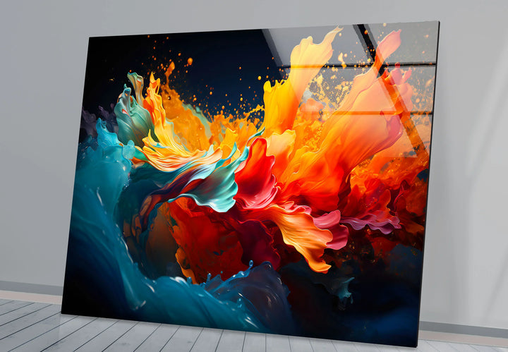 Fiery Abstract Splash Wall Art – Vibrant Glass Print in Red, Orange & Blue - MyPhotoStation