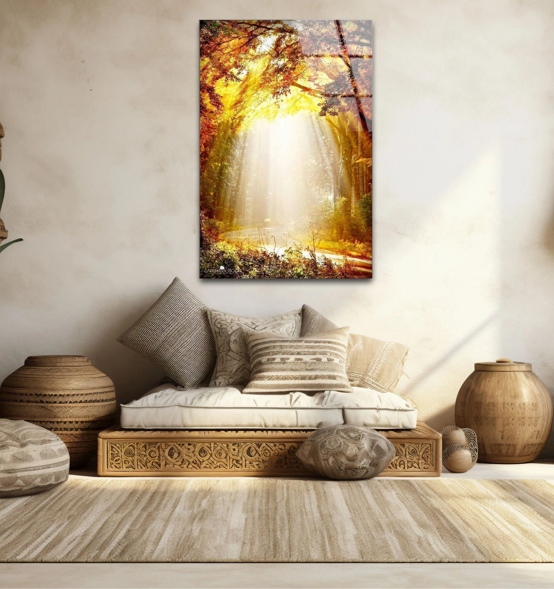 Golden Forest Sunbeam Wall Art – Radiant Nature Glass Print for Warm Home Decor - MyPhotoStation