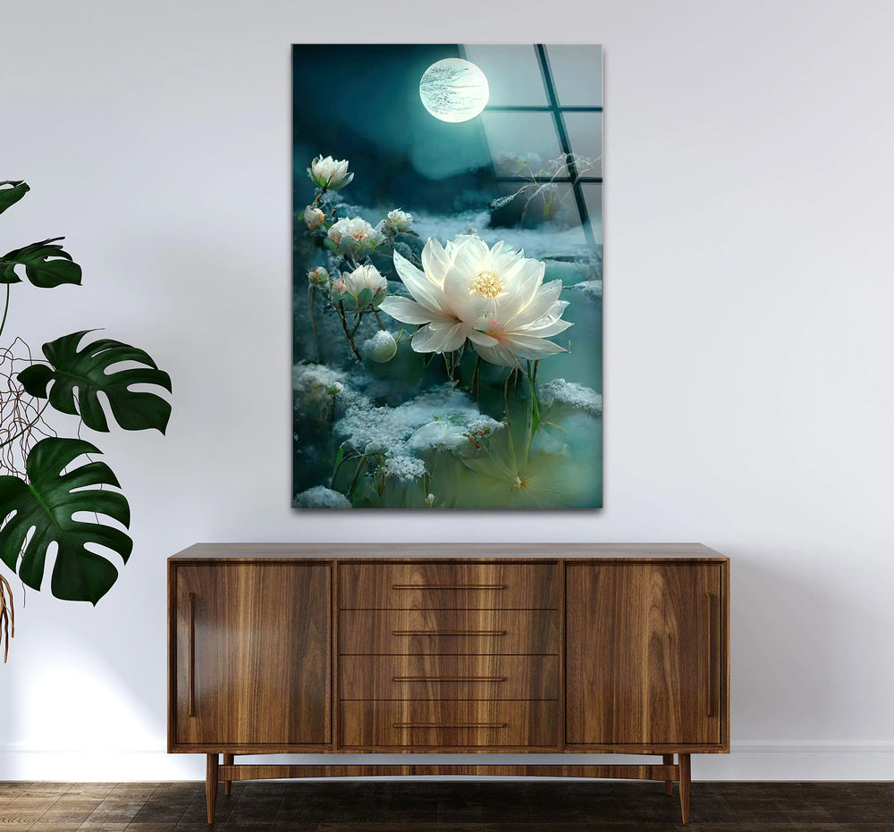 Moonlit White Lotus Glass Wall Art – Tranquil Floral Design with Ethereal Night Glow - MyPhotoStation