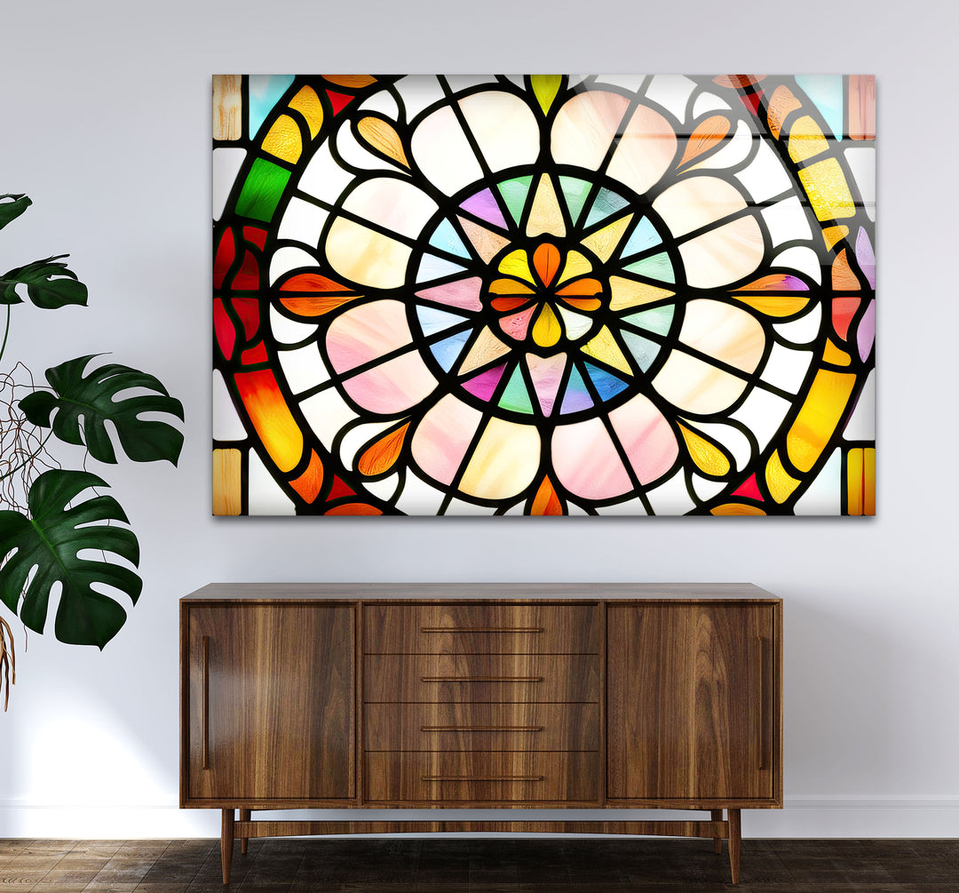 Bunte Buntglas-Wandkunst – Lebendiges Rosenfenster-Glasdesign 