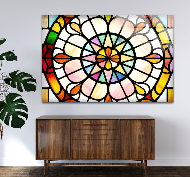Bunte Buntglas-Wandkunst – Lebendiges Rosenfenster-Glasdesign 