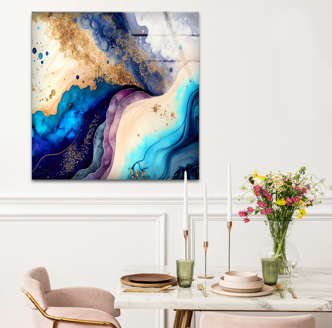 Elegant Blue & Gold Abstract Glass Wall Art – Luxury Modern Decor