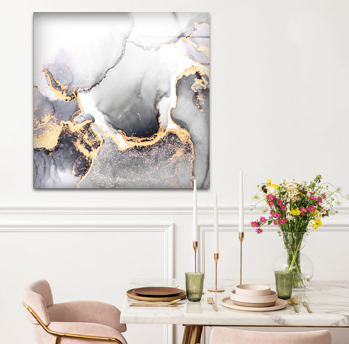 Monochrome Marble Glass Wall Art – Black White & Gold Luxury Abstract Print