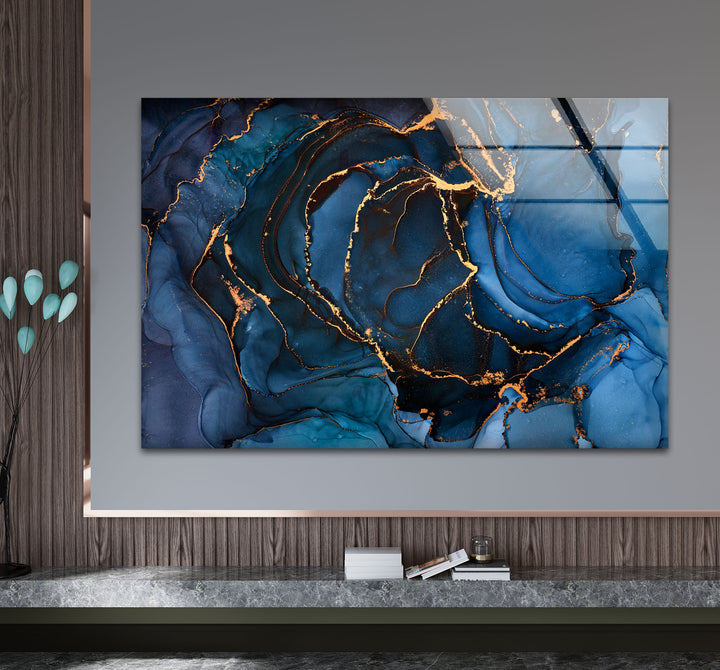 Midnight Blue Gold Abstract Wall Art – Luxury Fluid Ink Glass Print