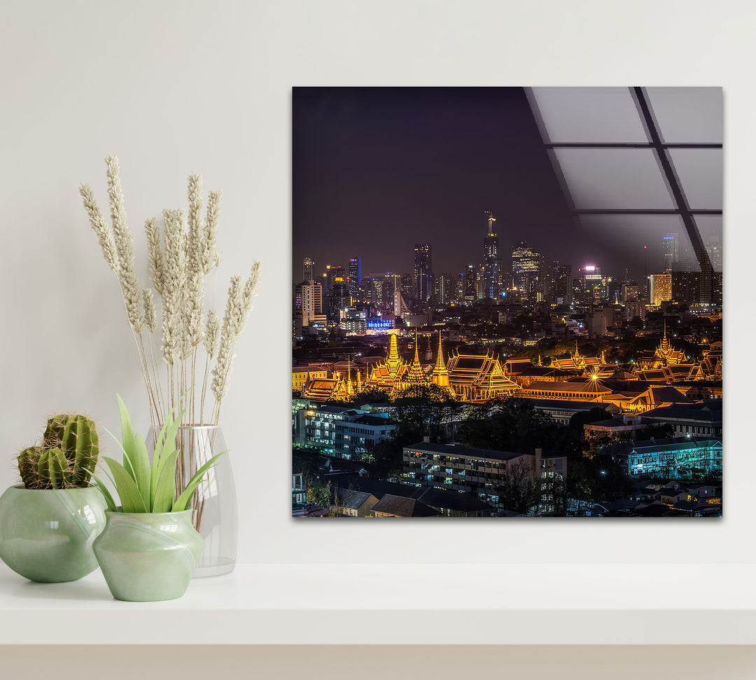 Bangkok Skyline at Night Wall Art – Illuminated Temple Cityscape Glass Print