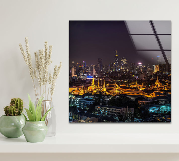 Bangkok Skyline at Night Wall Art – Illuminated Temple Cityscape Glass Print