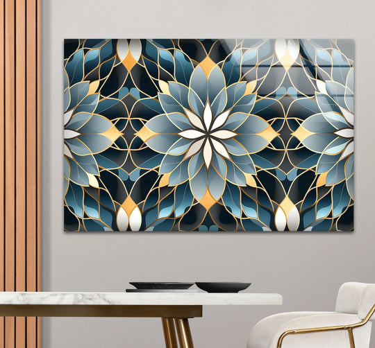 Elegant Lotus Mandala Glass Wall Art – Blue Gold Sacred Geometry Pattern - MyPhotoStation