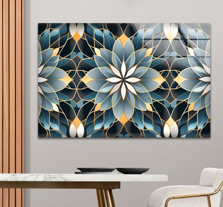 Elegant Lotus Mandala Glass Wall Art – Blue Gold Sacred Geometry Pattern