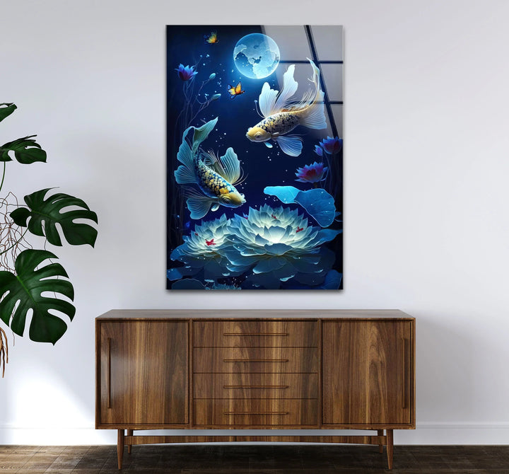 Moonlit Koi Fish and Lotus Wall Art – Tranquil Blue Glass Panel for Zen Decor