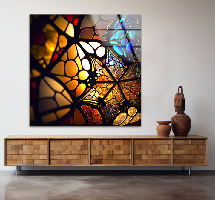 Goldene Buntglas-Wandkunst – Beleuchtete Mosaik-Lichtreflexionen