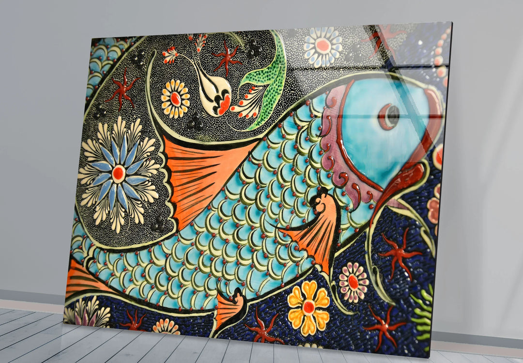 Floral Patterned Fish Wall Art – Turkish Ceramic-Inspired Glass Print - MyPhotoStation