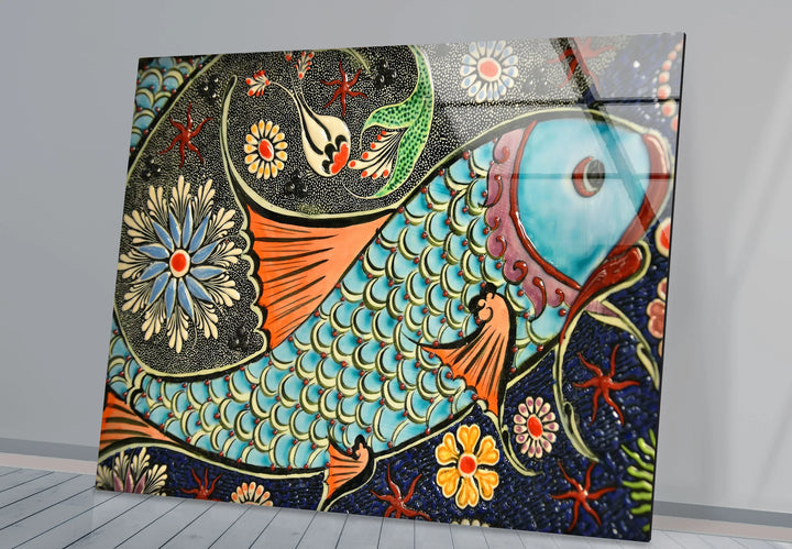 Floral Patterned Fish Wall Art – Turkish Ceramic-Inspired Glass Print - MyPhotoStation
