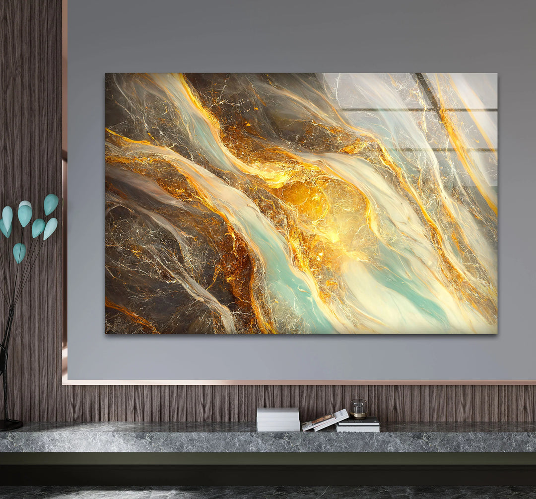 Gold Teal Marble Wall Art – Abstract Glass Print with Fiery Metallic Flow for Modern Elegant Interiors - MyPhotoStation