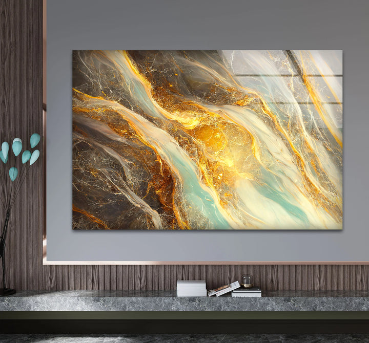 Gold Teal Marble Wall Art – Abstract Glass Print with Fiery Metallic Flow for Modern Elegant Interiors - MyPhotoStation