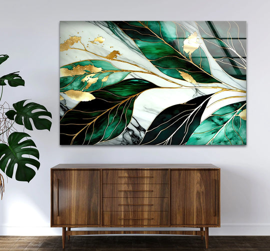 Marble background with shimmering gold accents complements the emerald green botanical glass printing artwork.