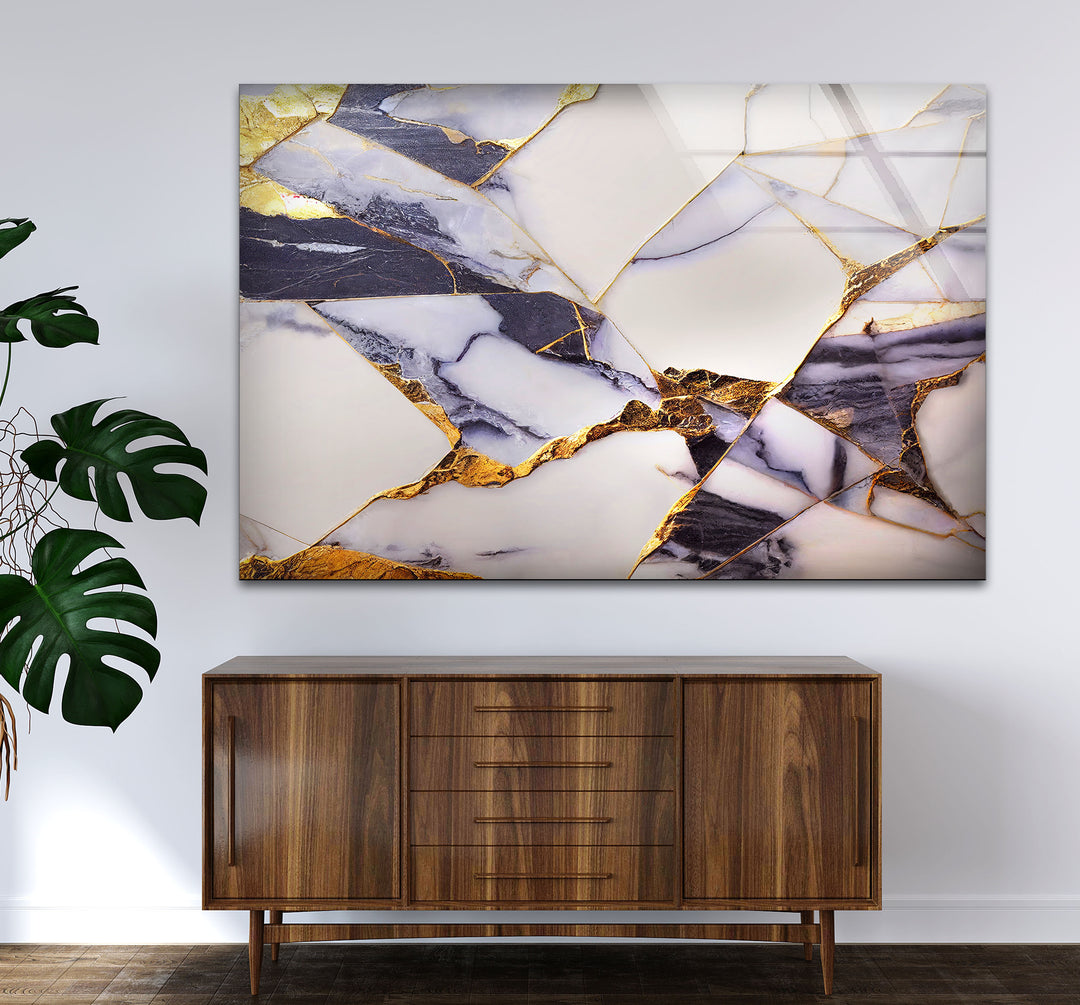 Geometric Marble Wall Art – Lux Gold Vein & Navy Cracked Stone Print for Modern Decor