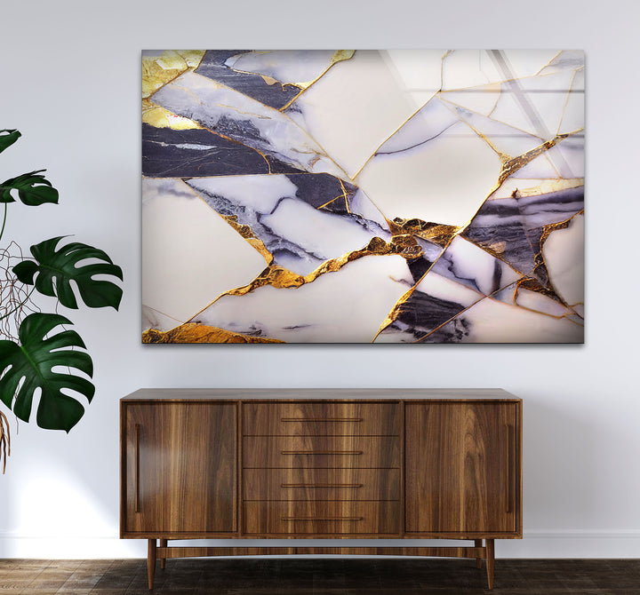 Geometric Marble Wall Art – Lux Gold Vein & Navy Cracked Stone Print for Modern Decor