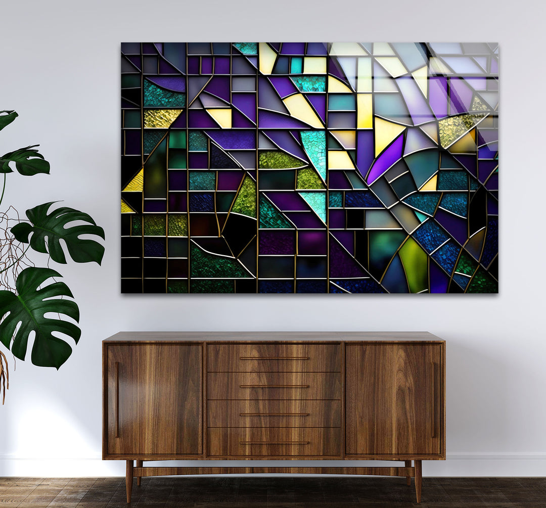 Modern Abstract Stained Glass Wall Art – Purple & Gold Geometric Decor