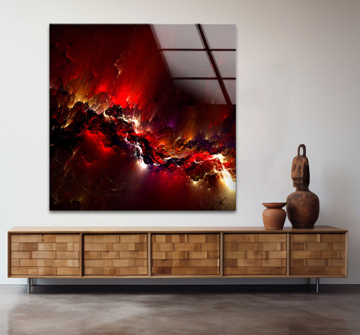 Crimson Nebula Wall Art – Fiery Red Abstract Galaxy Glass Print