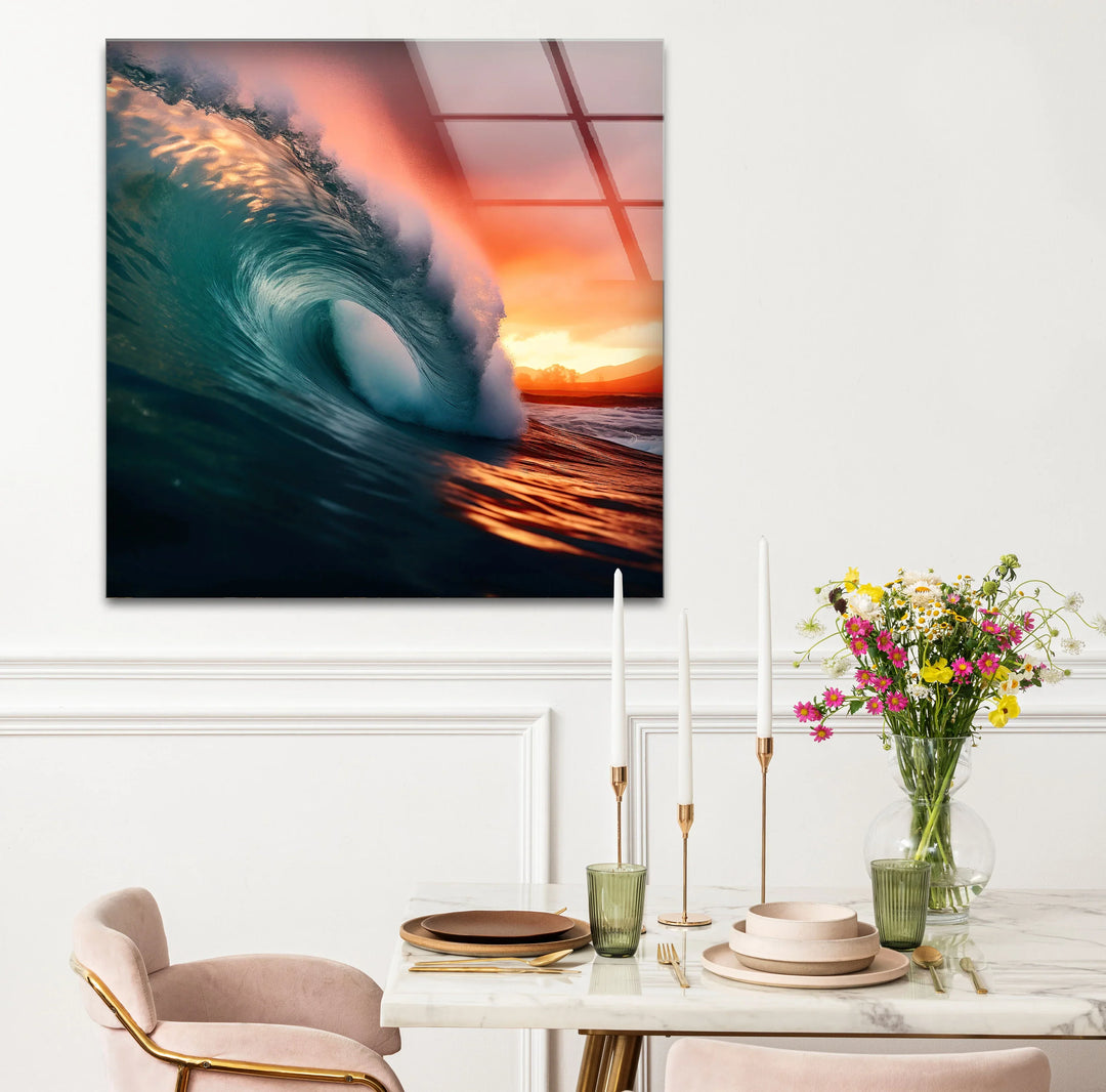 Sunset Barrel Wave Wall Art – Ocean Wave Glass Print for Coastal Home Decor - MyPhotoStation
