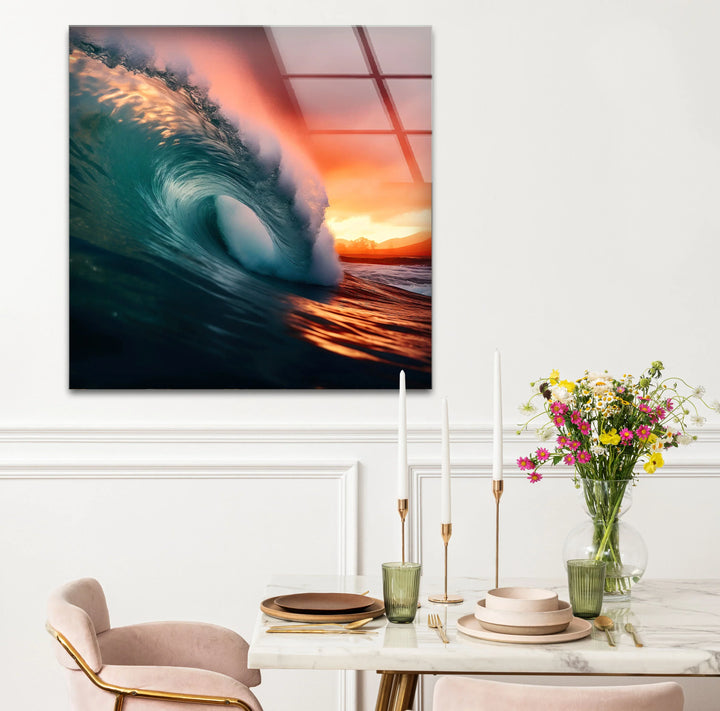 Sunset Barrel Wave Wall Art – Ocean Wave Glass Print for Coastal Home Decor - MyPhotoStation