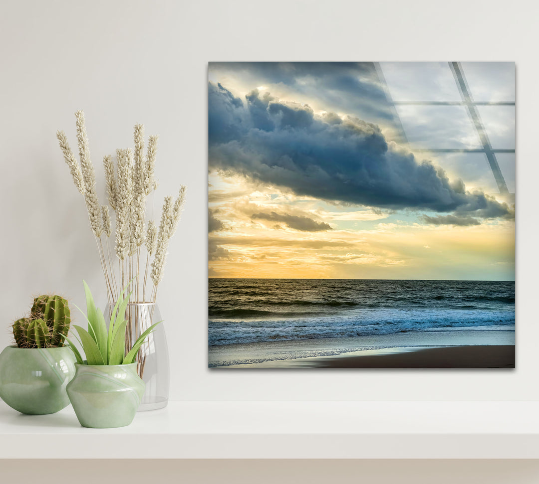 Stormy Sky Ocean Wall Art – Dramatic Cloudy Beach Glass Print for Modern Coastal Interiors
