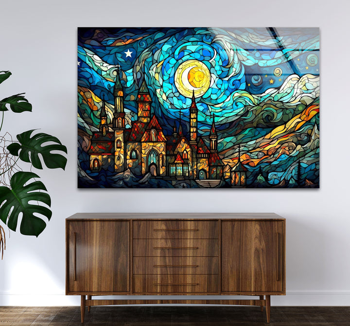 Van Gogh Sternennacht Schloss Glaswandkunst – Buntglas-inspiriert 
