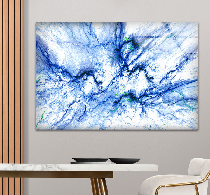 Electric Blue Vein Wall Art – Abstract Lightning-Inspired Glass Print