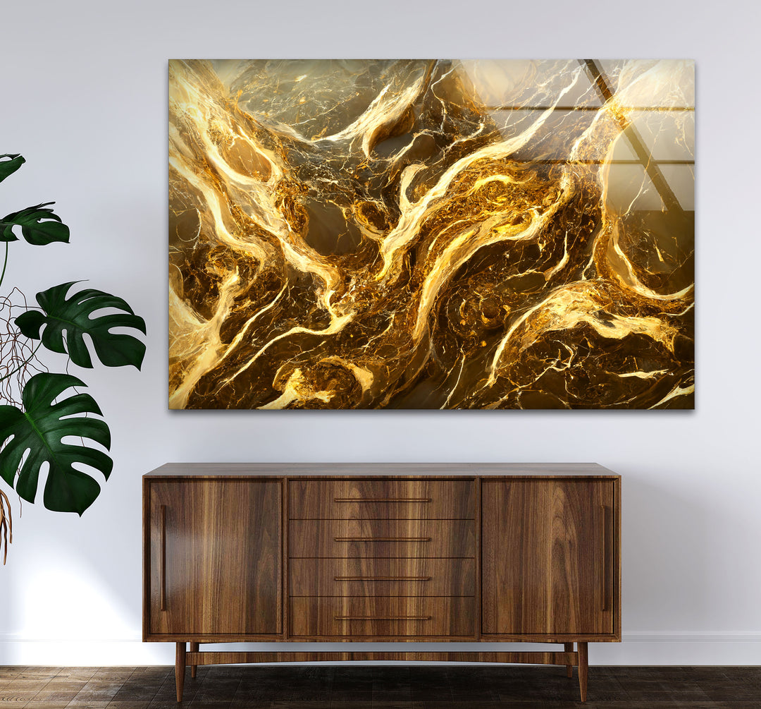 Molten Gold Marble Wall Art – Abstract Luxury Glass Print for Modern Decor