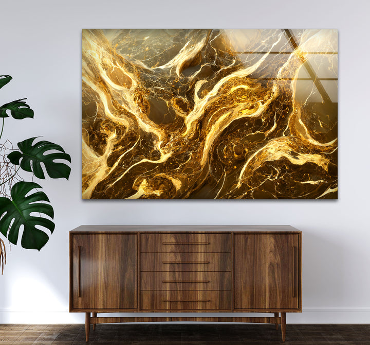 Molten Gold Marble Wall Art – Abstract Luxury Glass Print for Modern Decor