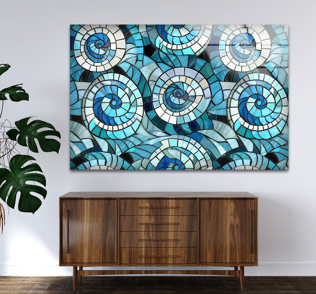 Nautical Spiral Stained Glass Wall Art – Blue Ocean Wave Design