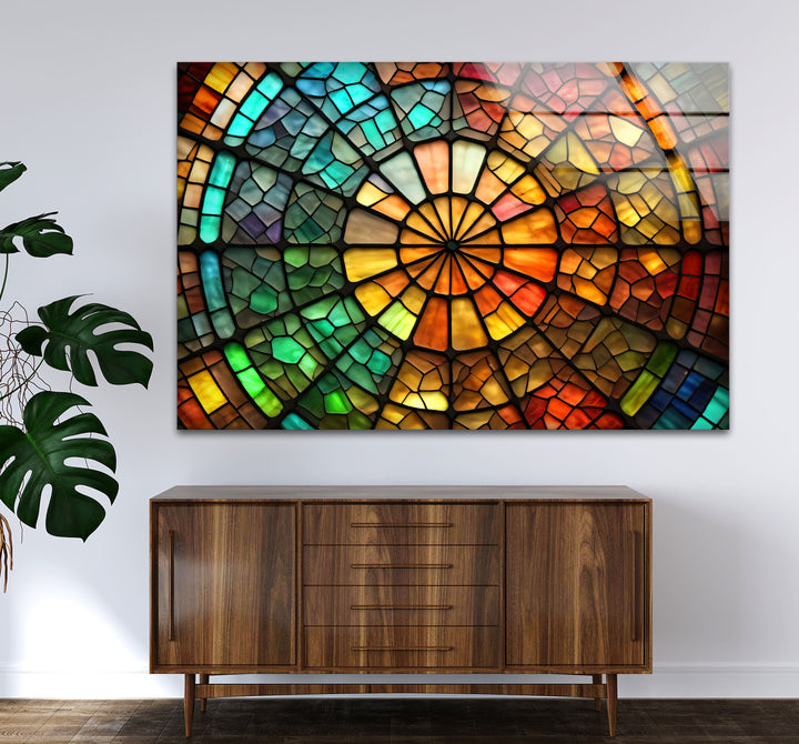 Radiant Wheel Mosaic Stained Glass Wall Art – Colorful Circular Window Decor