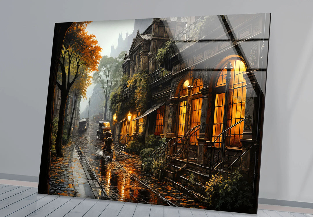 Rainy Vintage Street Wall Art – Warm Autumn Cityscape Glass Print - MyPhotoStation