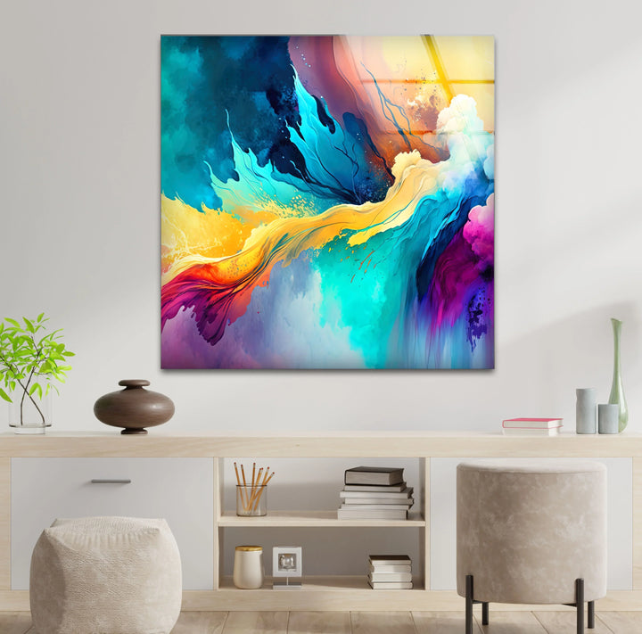 Explosive Color Abstract Glass Wall Art – Vibrant Turquoise & Yellow Energy - MyPhotoStation