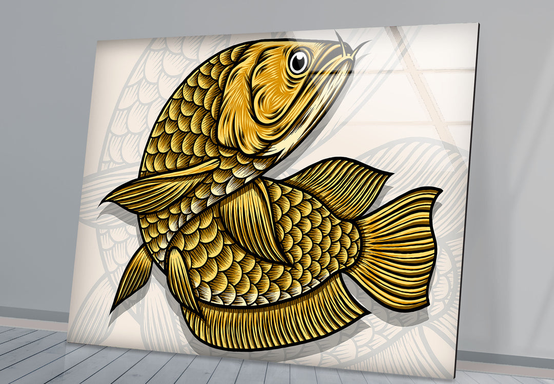 Golden Arowana Fish Wall Art – Elegant Asian-Inspired Glass Print for Modern Interiors and Feng Shui Decor