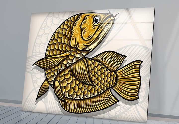 Golden Arowana Fish Wall Art – Elegant Asian-Inspired Glass Print for Modern Interiors and Feng Shui Decor