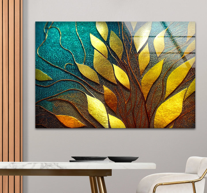 Golden Leaf Tree Glass Wall Art – Elegant Botanical Design with Teal & Amber Accents - MyPhotoStation
