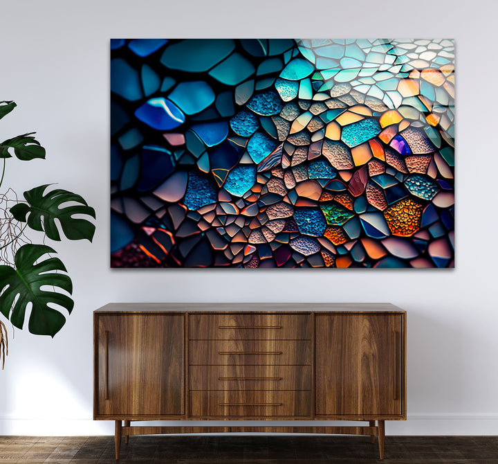 Strukturierte Mosaik-Glaswandkunst – Farbpalette des tiefen Ozeans, abstraktes steinähnliches Design 