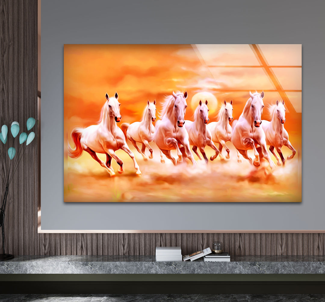 Wandkunst mit sieben laufenden Pferden – Spirituelle Sonnenaufgangsszene, Glasdruck